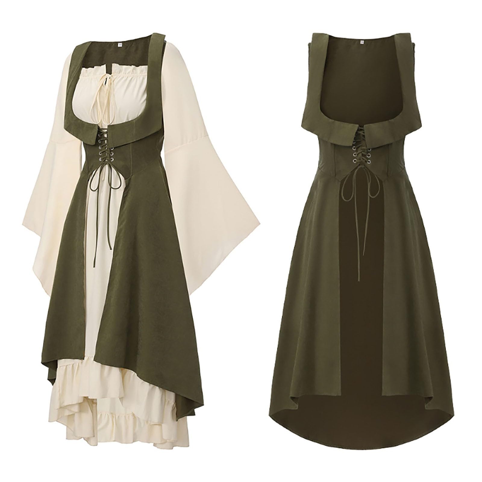 Abito da donna in due pezzi con maniche lunghe e coulisse in stile medievale per Halloween