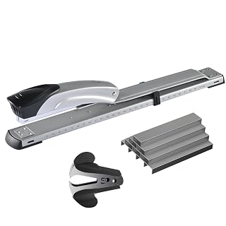 Long Reach Stapler,with 2000 Staples & Stapler Remover Full Strip,20-25 Sheet Capacity,with Built-in Ruler and Adjustable Locking Paper Guide, Silvery - Amazon product rated Grade A