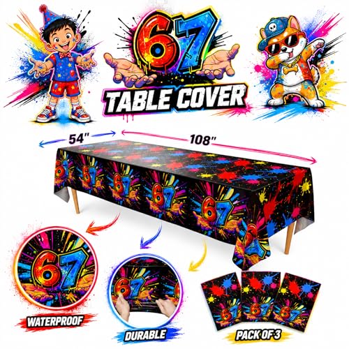 Image of Blue Orchards 67 Tablecover (Pack of 3) - XL 54 inchx108 inch - Immersive 67 Birthday Party Decorations, 6 7 Paint Splatter Party Tablecloth, Brainrot Themed Decor, Six Seven Party, Event Decoration
