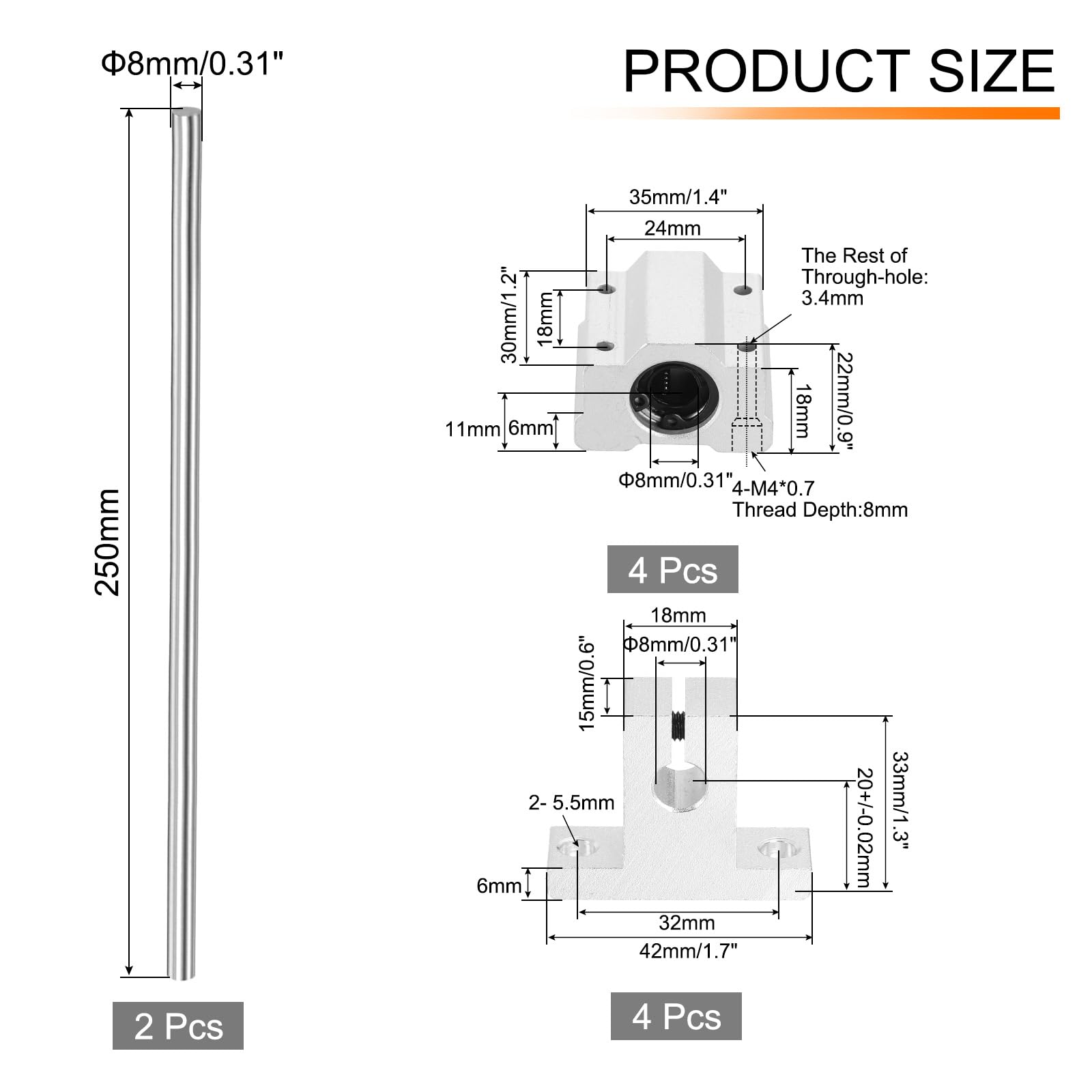 QUARKZMAN 2 Pcs 8mm x 250mm Guida Lineare A Scorrimento Con 4 Pcs Cuscinetti SCS8UU E 4 Pcs Supporti SK8 Set Guida Lineare Per Macchina CNC Stampante 3D, Argento
