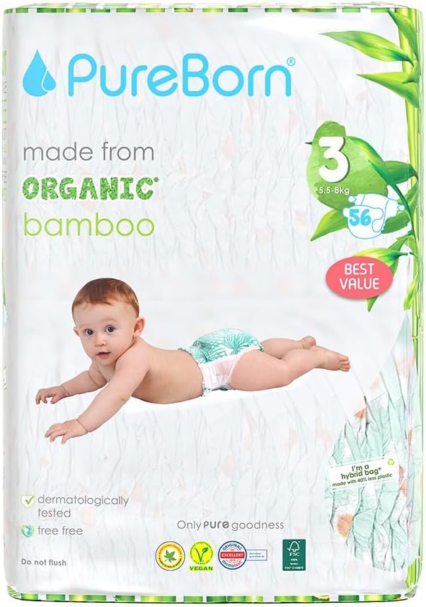 PureBorn Nappies Pure Organic Bamboo Nappies – Nappies Size 3 Hypoallergenic 56 - Nappies Ultra Soft (5.5 - 8 kg) 100% Plant Based Eco Friendly Clouds Print
