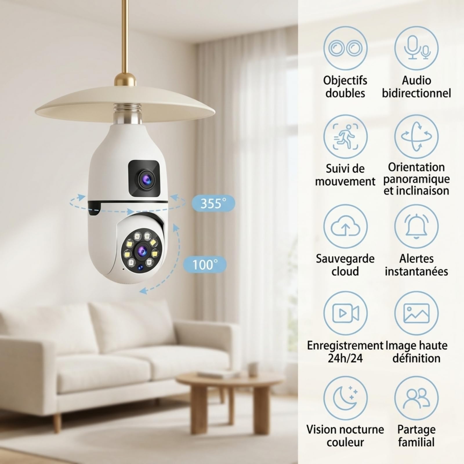 1080P HD Caméra Double Objectif Ampoule E27 WiFi 2.4G Intérieur Extérieure