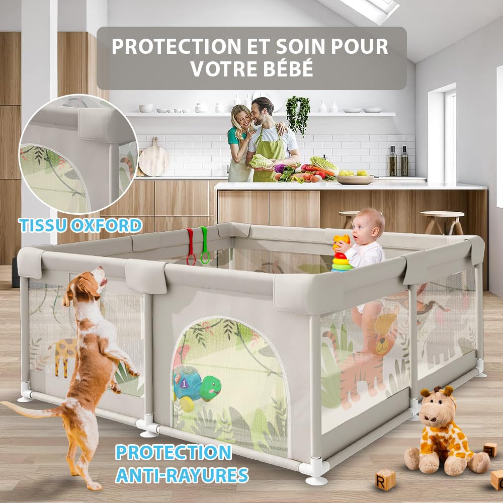Parc pour bébé 120 x 120 cm - Parc bébé avec maille respirante et pliable antidérapant - Tapis rembourré + 4 anneaux + sac de transport