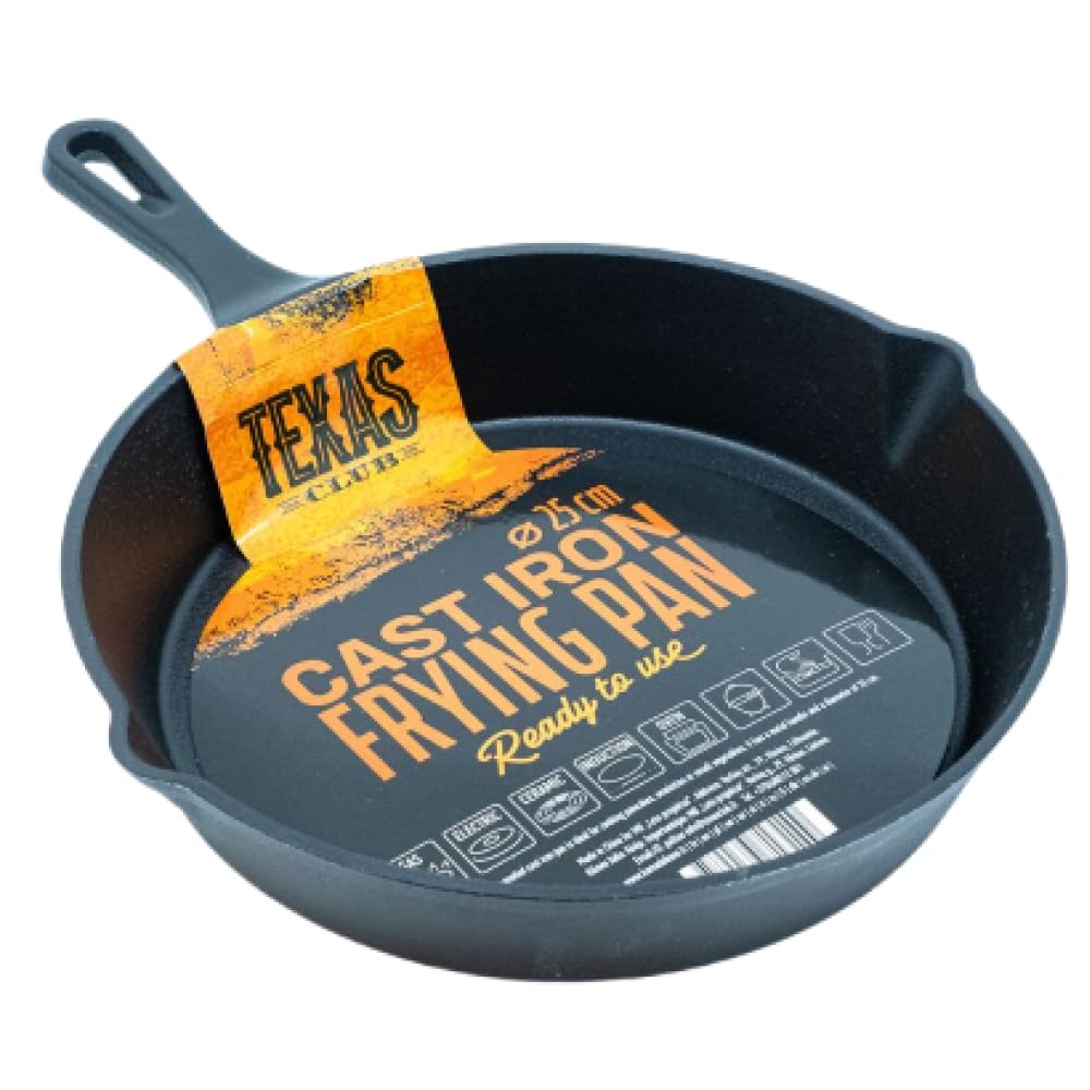 TEXAS CLUB Gusseisenpfanne mit Griff - Metallgriff Bratpfanne für alle Arten von Grills, Backofen, Kochplatten - Ø25cm
