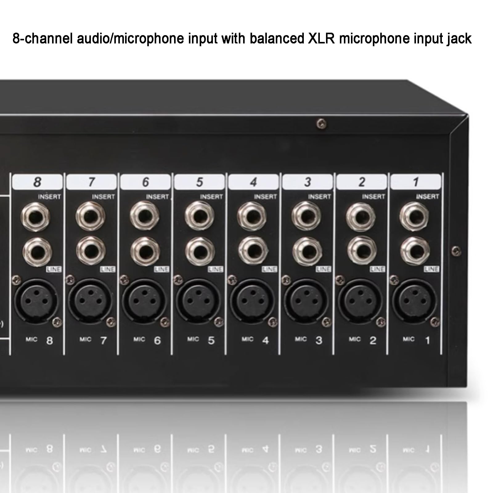 Mikser liniowy stereo, przedwzmacniacze mikrofonowe z 8 wejściami, mikser audio do montażu w szafie, 3-pasmowy korektor na kanał, obsługa odtwarzania USB/MP3, wejścia XLR, do studia