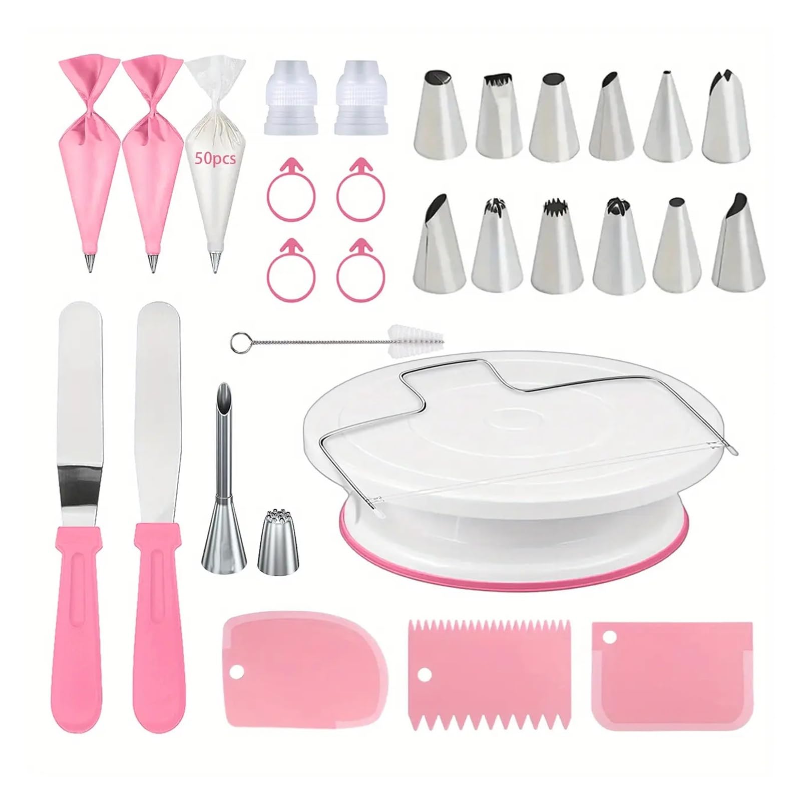 80-teiliges Kuchendekorationsset – rutschfester Drehteller mit 14 Spritztüllen, Schabern und Werkzeugen for professionelles DIY-Backzubehör(BP-80pcs-pink-B)