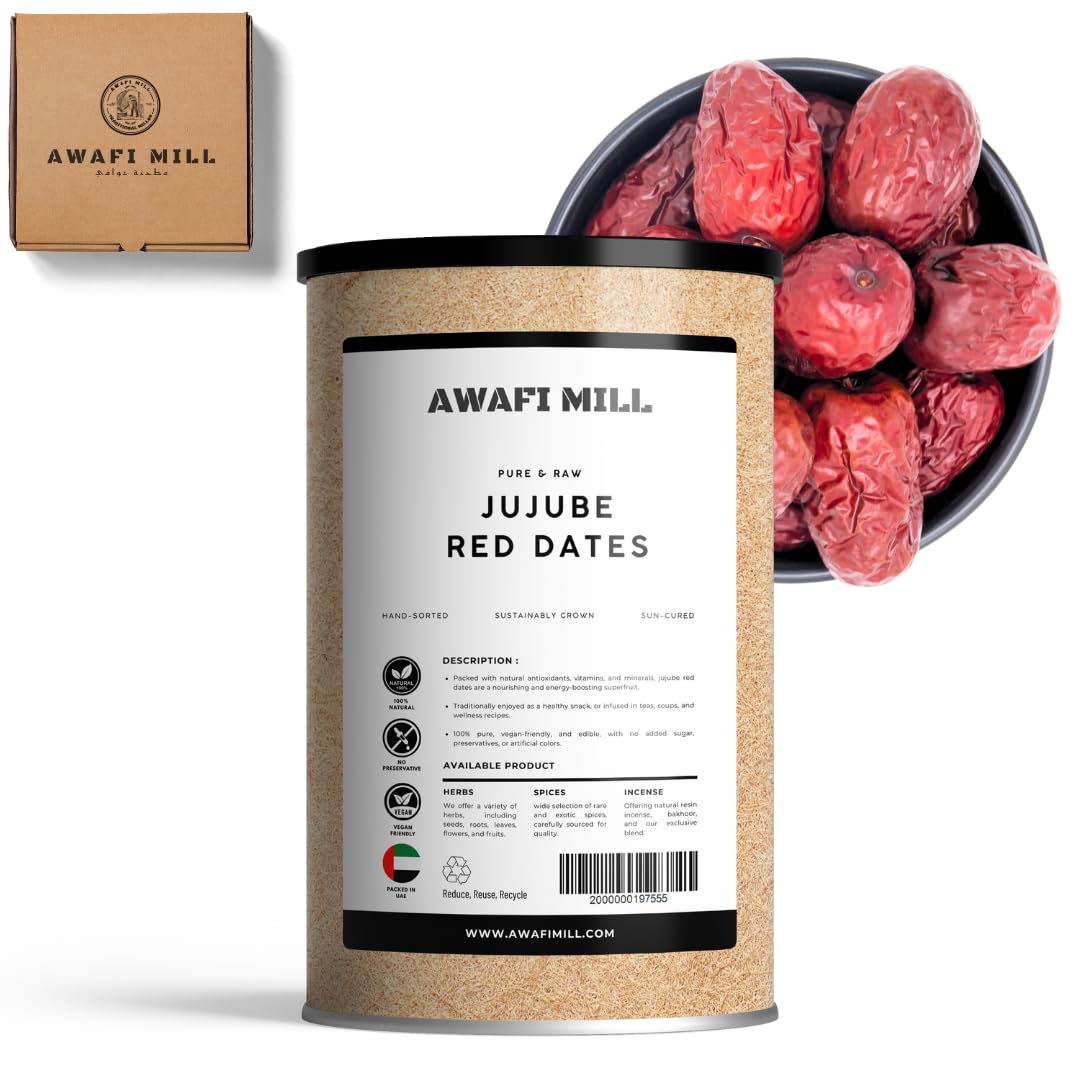 AWAFI MILL Jujube (Red Dates) | Dried Chinese Dates • Whole Fruits for Tea, Soups, Desserts & Snacking | Naturally Sweet, Chewy Texture - 100 g | 3.5 Oz