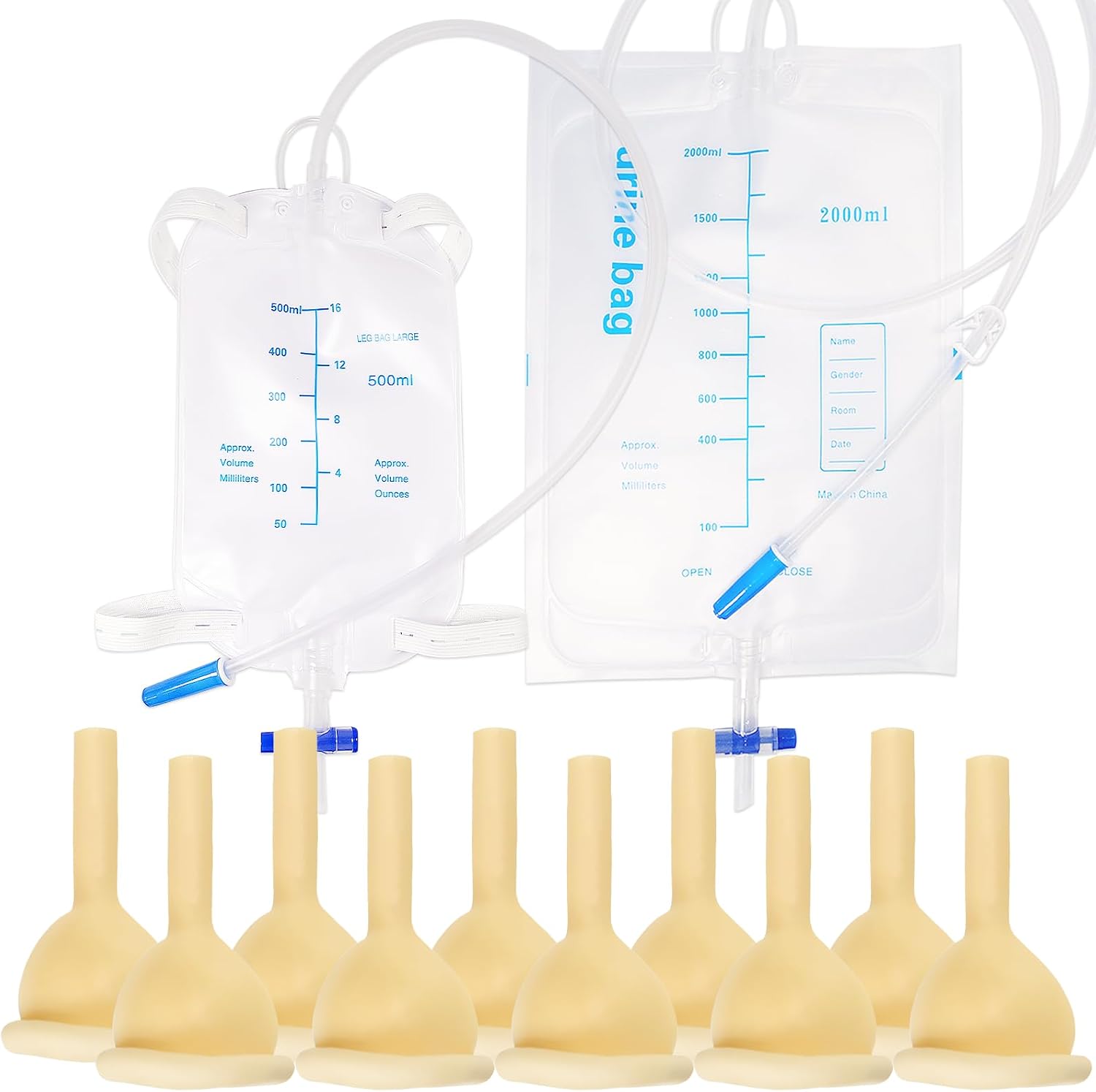 External Catheter for Men, 10pcs Condom Catheters External self Sealing Tape Set, 1pcs XL Catheter Leg Bag (500ml), 1pcs Extra Large Catheter Urine Bag (2000ml) (1.18inch/30mm)