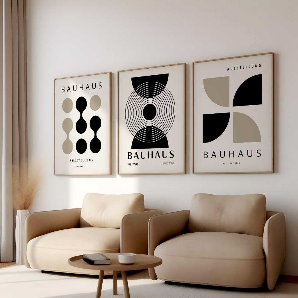 ARTINSPIRIO Bauhaus Lot de 3 affiches, motif géométrique, noir et beige, style milieu du siècle, sans cadre (45 x 60 cm)