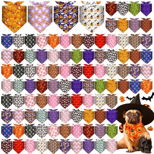 Locmeo 100 Pcs Halloween Dog Bandanas Bulk for Dogs Jack O Pumpkin Adjustable Triangle Scarf Ghost Witch Washable Bibs Handkerchief for Puppy Cat Pet Halloween Nightmare Grooming Outfit