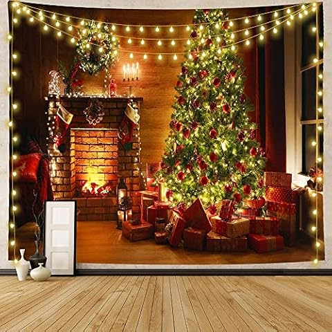 Mr.Bee Tapestry Colorful Backdrop, Xmas Santa Claus, Reindeer, Tree and Fire Place for The Living Room Background Wall Hanging for Party Home Christmas Wall Decor (W59 x L51) Cover
