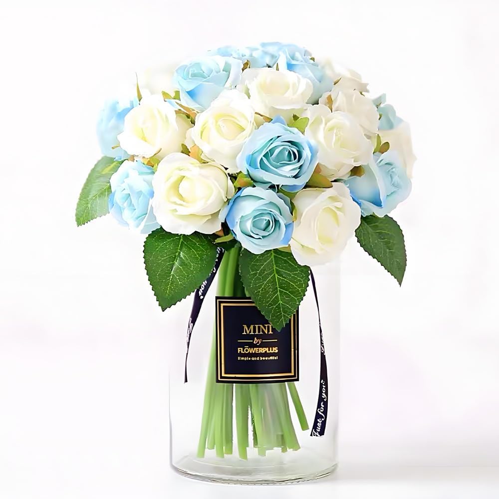 Jasion Artificial Roses Flowers 12 Heads Arrangement Silk Bouquet for Home Office Parties Bridal and Wedding Decoration (Blue and White) - Image 5