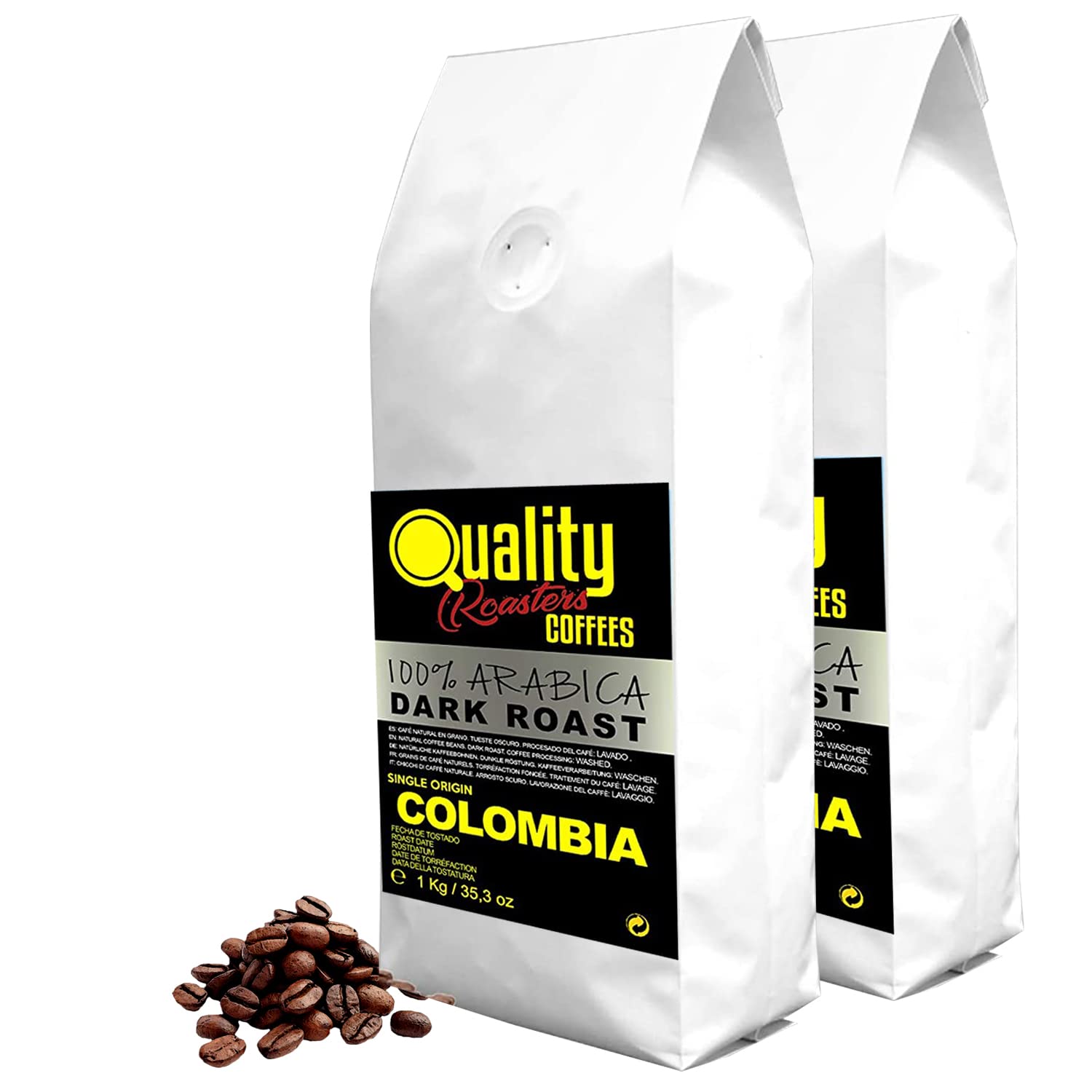 Café en grano natural. Dark Roast. 100% Arabica. Origen único Colombia. Tostado artesanal. Tueste Oscuro. (2 Kg, Chocolate)