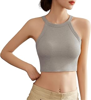 [優億] ショート丈 へそ出し レディース タンクトップ カップ付き 綿 ノースリーブ カットソー インナー ホルターネック ブラトップス スポーツ ヨガ ルームウェア トップス セクシー