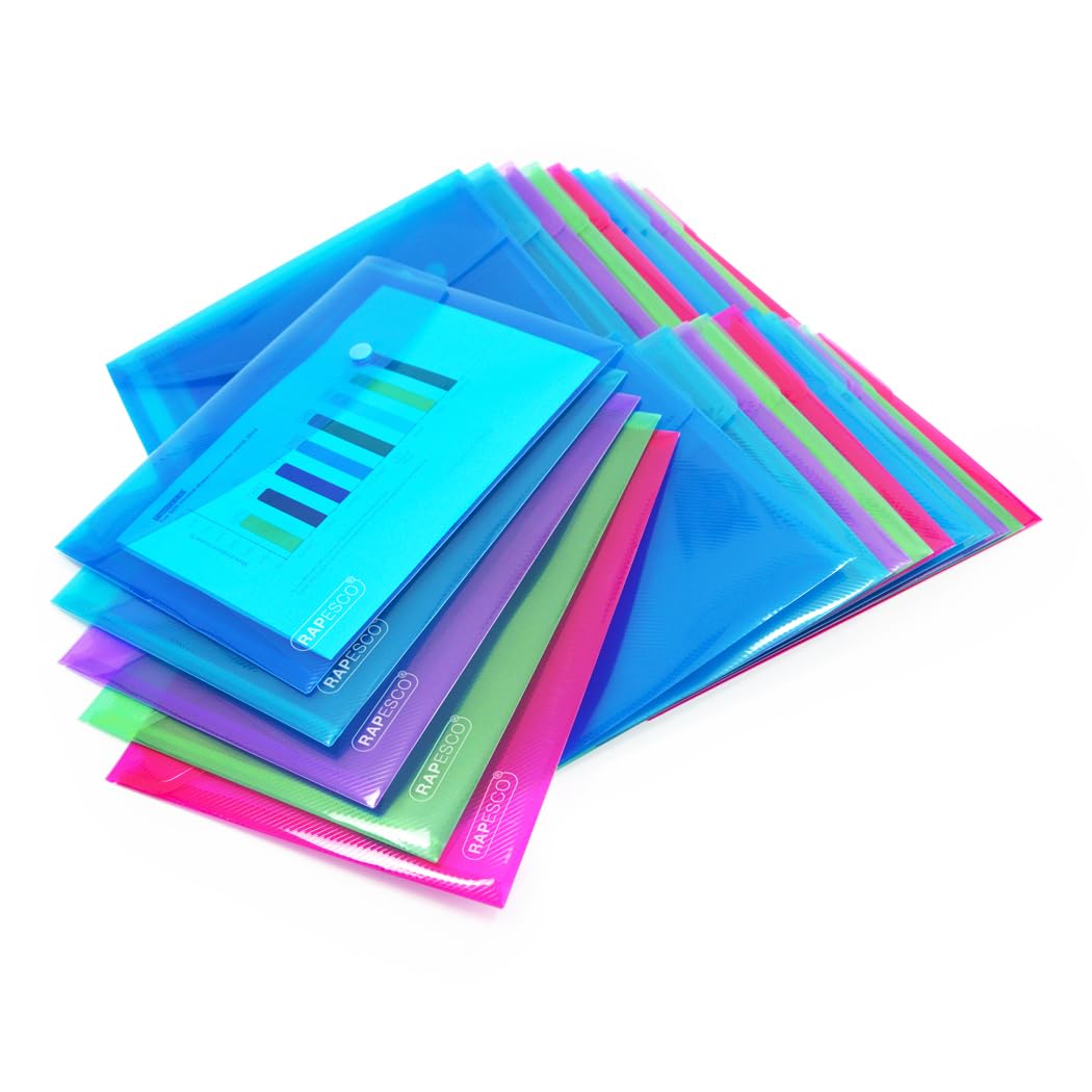 Rapesco 1499 ECO Pochette à Bouton Pression Recyclé, A5, Couleurs Vives Transparentes Assorties, Lot de 50