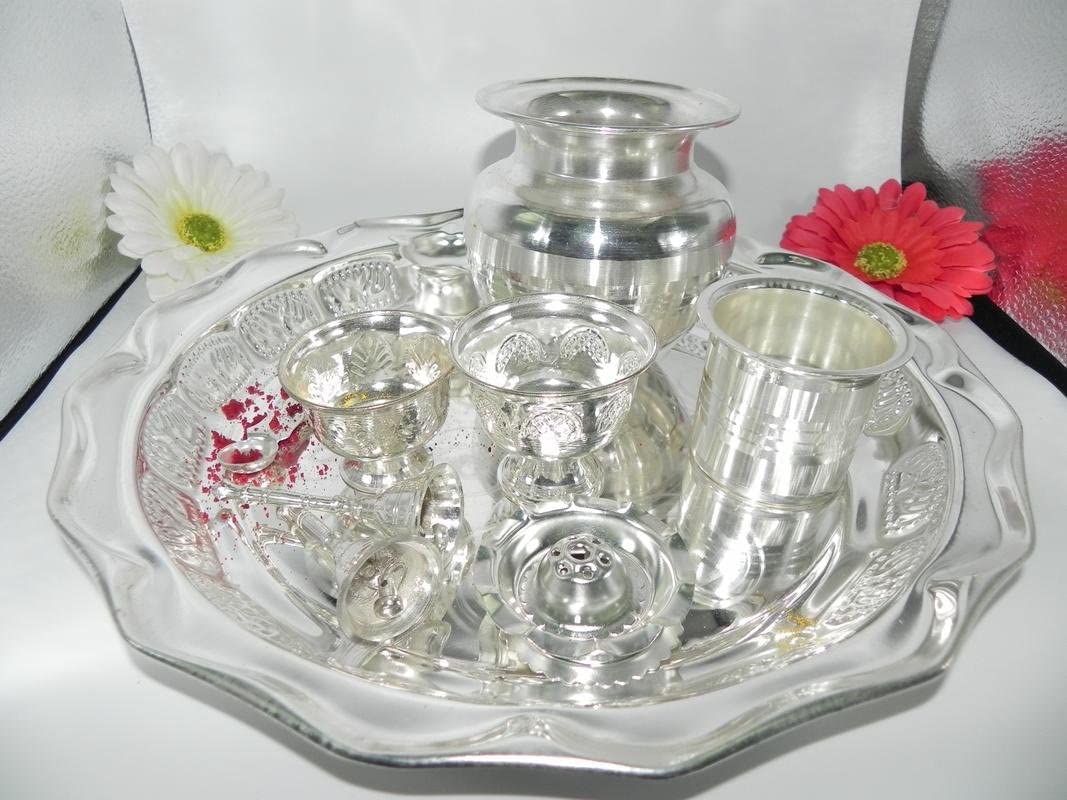 German Silver Pooja Plate Set - 11 Piece Kit -1