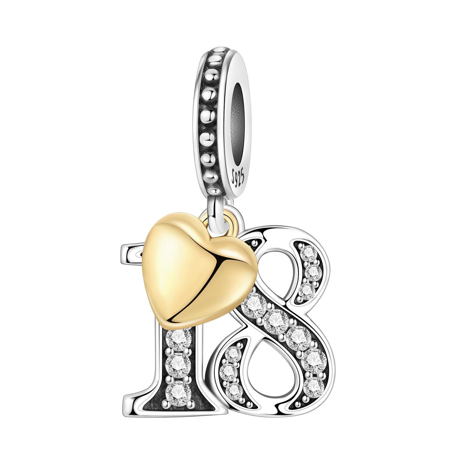 PANPOKI Zahl Charm für Armband & Halskette, Sterling Silber 925 mit Zirkon & 18K vergoldetem Herz, Geschenk für Jubiläum, Geburtstag, Alter (10 13 15 16 18 20 21 25 30 40 50 60)