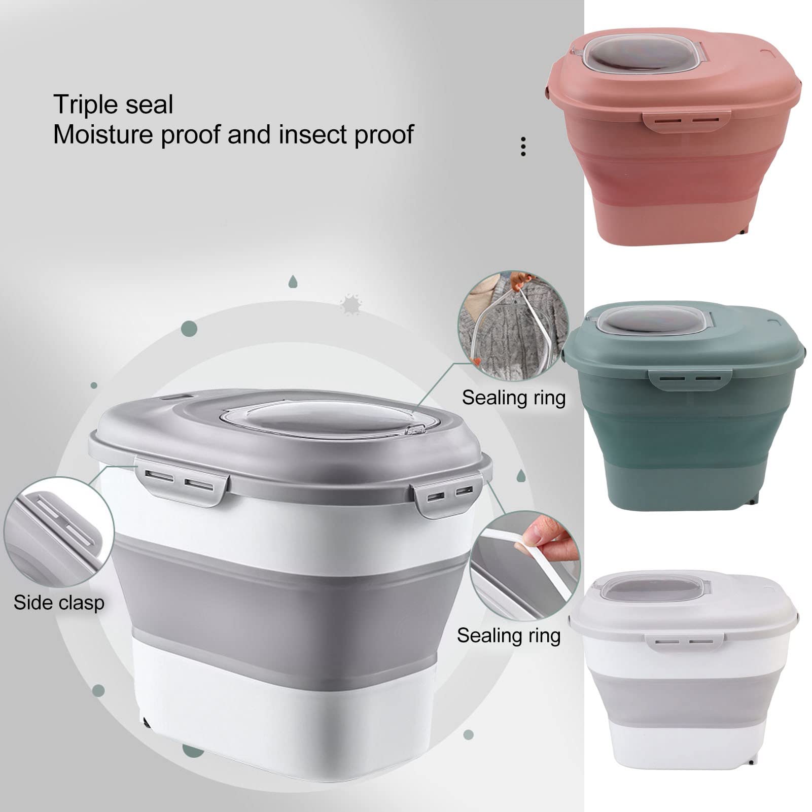 Contenedor de Granos de Alimentos, Contenedor de Arroz Sellable Plegable de Gran Capacidad para el Hogar con Taza Medidora para Nueces (Rosa)