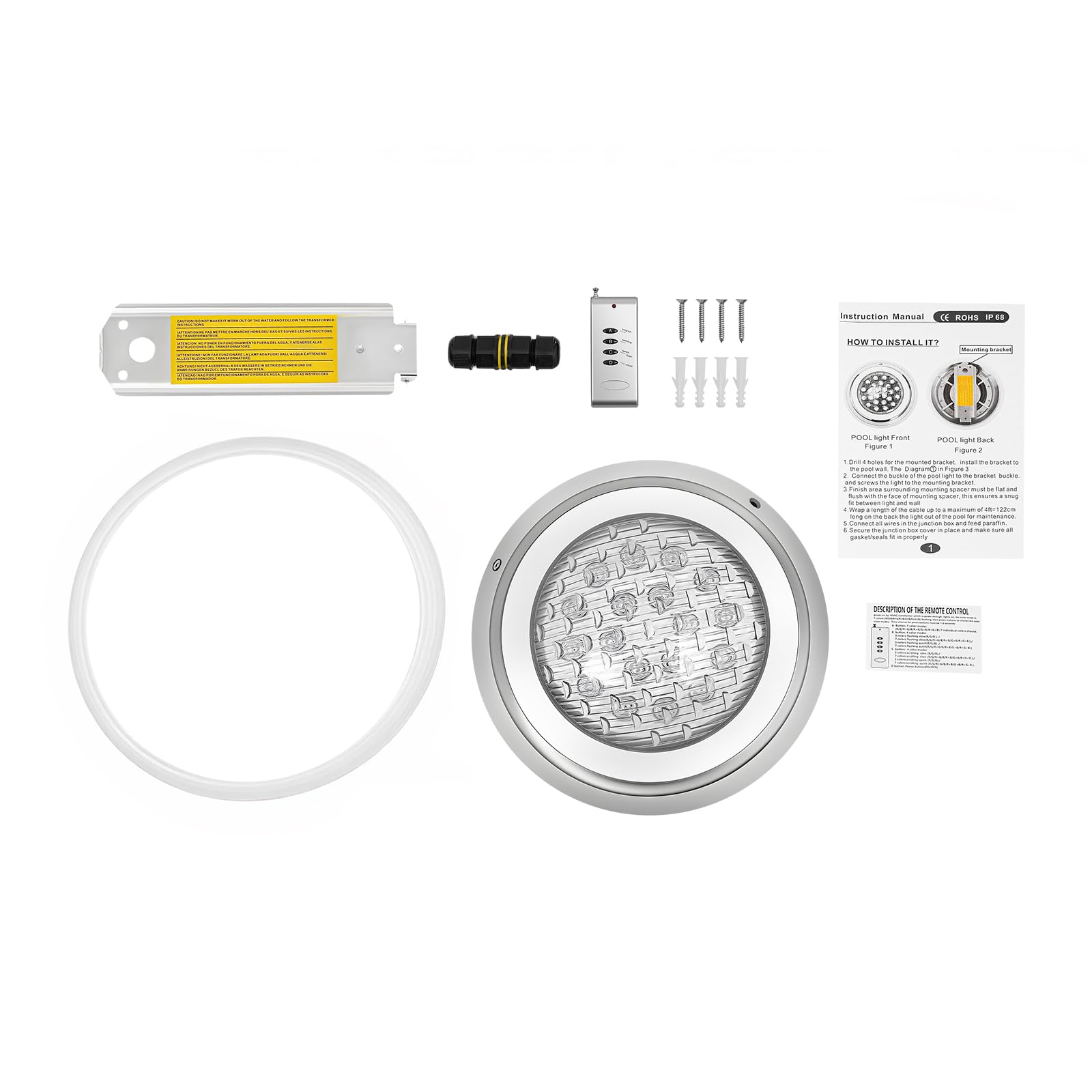 54W Edelstahl Poolbeleuchtung LED Poollampe Schwimmbad Poolleuchte Unterwasser Poolbeleuchtung Poollicht mit Fernbedienung fur Swimming Pool AC 12V IP68 4500Lm