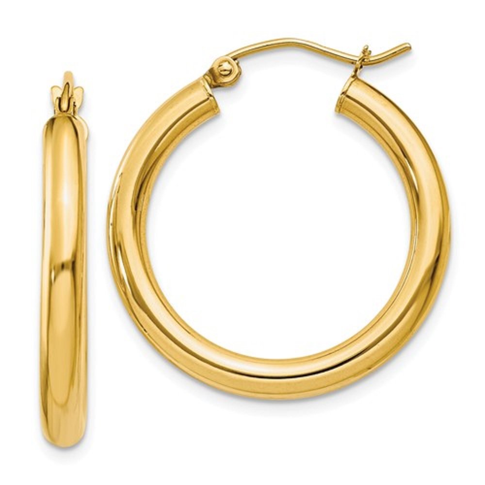 14K Yellow Gold Classic Real Hoop Earrings 3mm Thick Tube