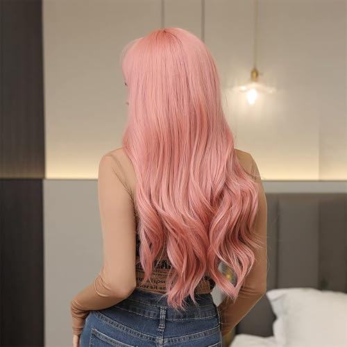 Miniatura 4 de Peluca de longitud larga rosa sintética resistente al calor naturaleza rizada ondulada pelucas con flequillo para fiesta diaria Cosplay (WL-059)