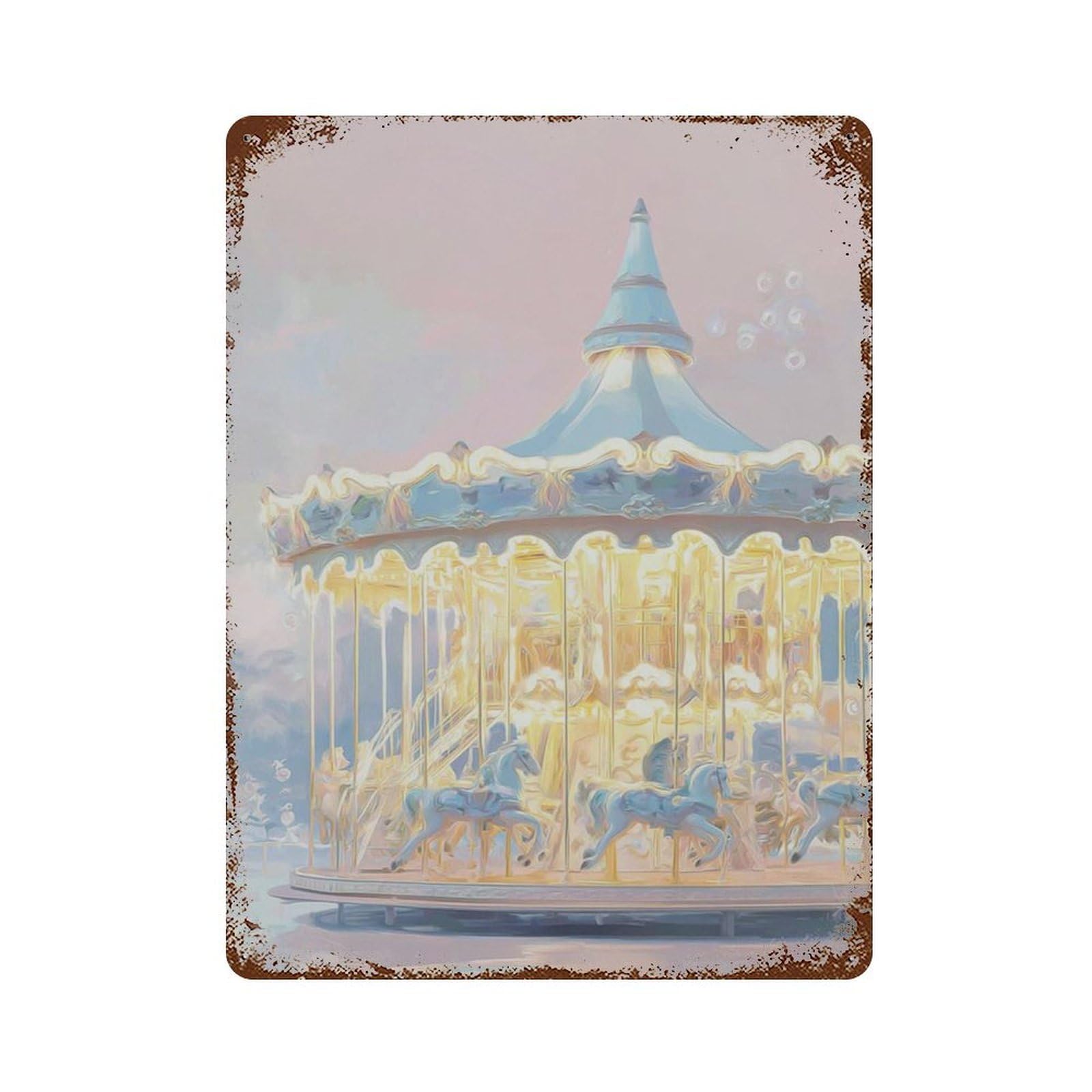 xiaoxiaoshen Carousel Pastel Nursery Dreamy Blue Pink Wall Decor Art Metal Tin Poster Modern Home Decor Art Home Bar Shop Decorations Vintage Sign 40x30cm