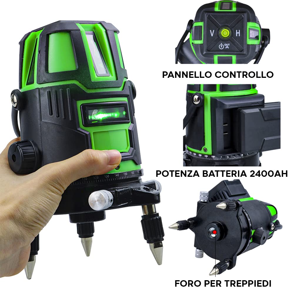 Mediawave Store - Livella Laser Autolivellante 360°, Multilinea Verticale, Orizzontale, Raggio Verde, Ricaricabile, Livella Laser Autolivellante 360°
