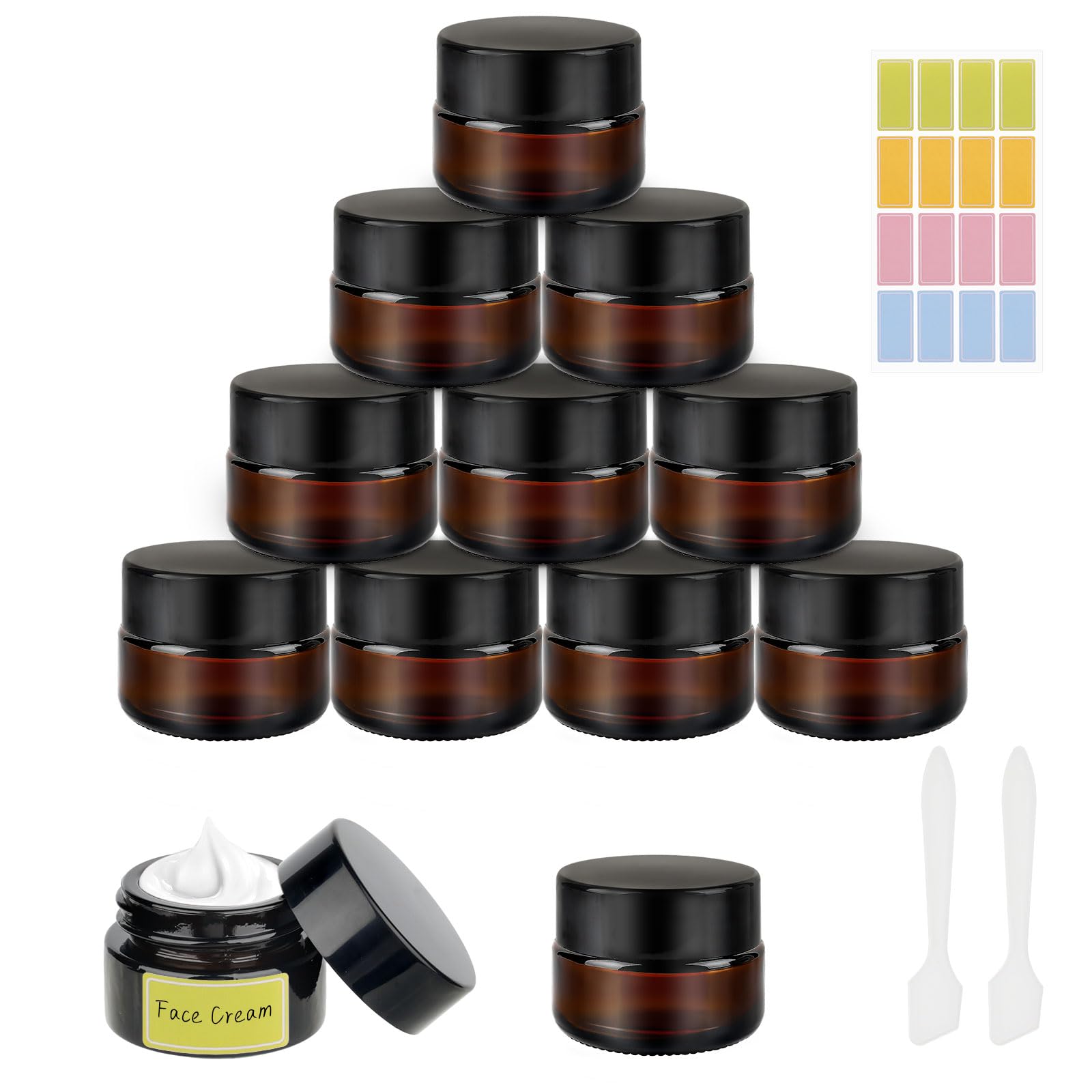 12 Stück Amber Glas Cremedose zum Befüllen, 5ml Salbentiegel, Braunglas Creme Behälter mit Spatel und Aufkleber, Cremetiegel Leerdose für Lotion, Creme, Kosmetik