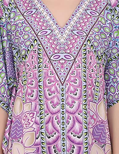 Image of Miss Lavish London Purple Ethnic Print Kaftan Dresses for Women V Neck Batwing Sleeve Beach Vacation Bikini Swimsuit Cover,Plus Size African&Dubai Caftan Maxi Beach Dress with Side Slits-Purple-3XL