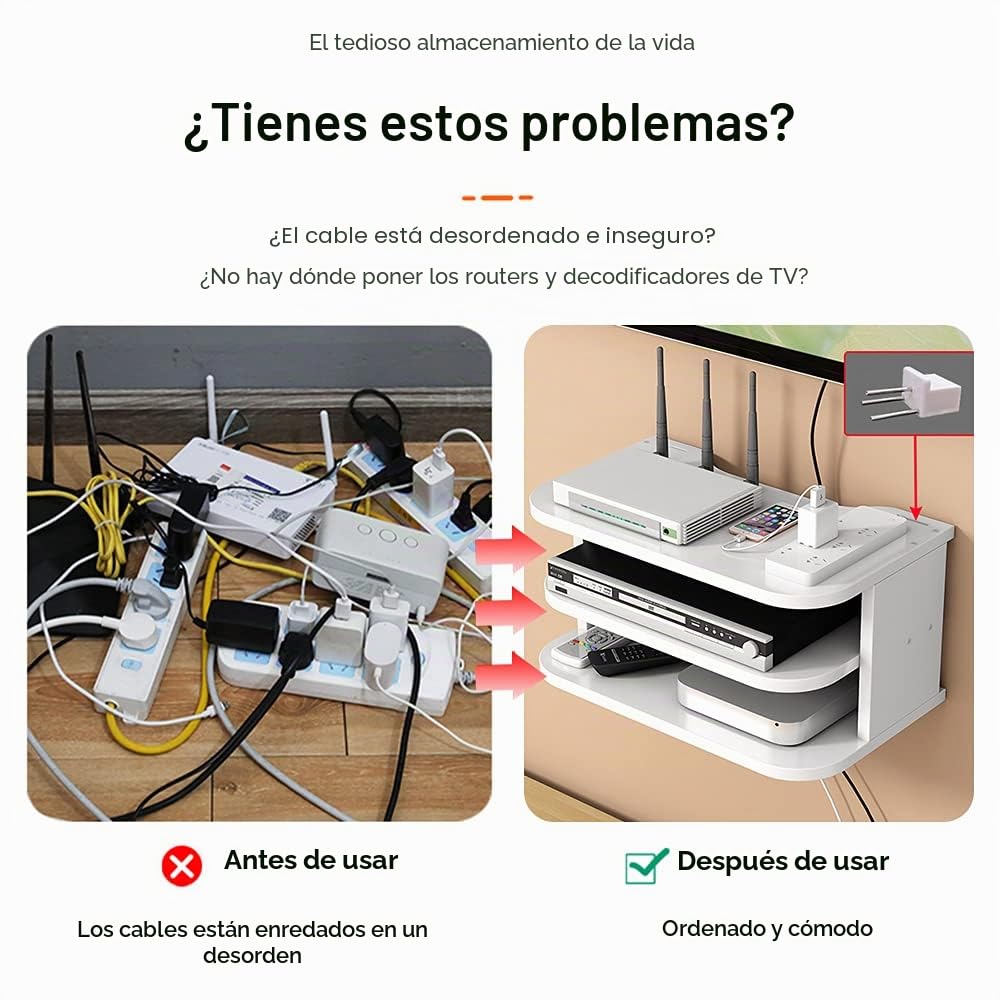 Estante de Pared para Router WiFi y Decodificador, 3 Niveles, Blanco | Madera maciza de 12 mm, diseño abierto y 3 niveles; permite organizar cables, no bloquea la señal y es fácil de limpiar.