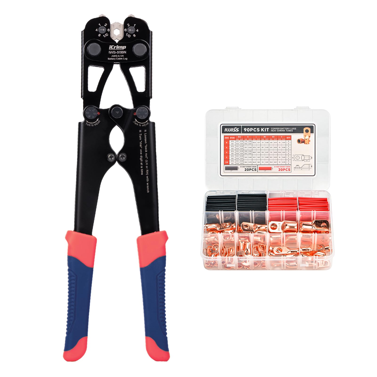 iCrimp Battery Cable Lug Crimping Tool Kit for Copper Lugs Awg 8-1/0,Battery Cable Crimper with 90pcs Copper Battery Lugs/Heat Shrink Tube