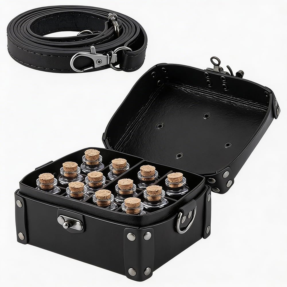 CALFOVERA Potion Bottle Box PU Leather Alchemy Box Medieval Portable Adjustable Crossbody Strap Bag Jewelry Dice Holder Set with 12 Cork Potion Vials for Renaissance Faire Costume Cosplay