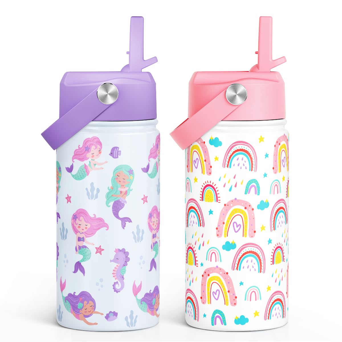 SANDJEST Kid Water Bottle 12oz with Straw Lid - 2-Pack Insulated Stainless Steel Water Bottles for Kids Girls