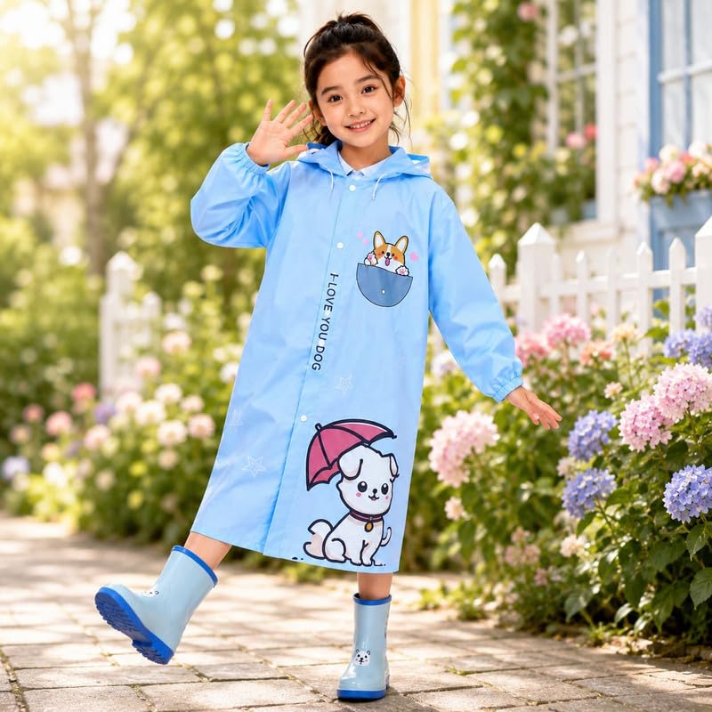 Krystle Kids Waterproof Raincoat for Boys & Girls with School Bag Protection | Hooded Full Length Lightweight Rain Wear for Children (Blue,8-9 Years) 2