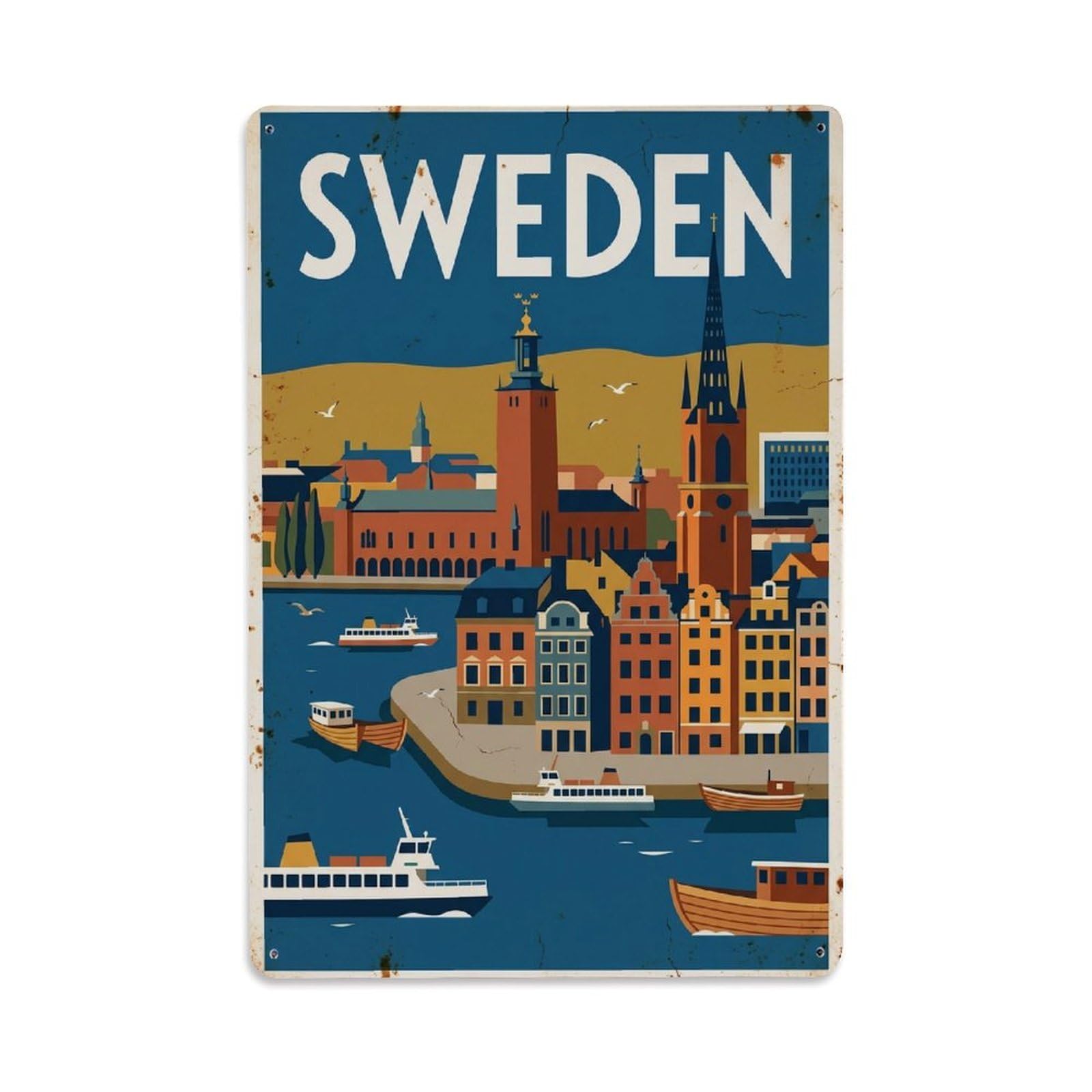 Vintage Travel Stockholm Sweden Cityscape Metal Tin Sign