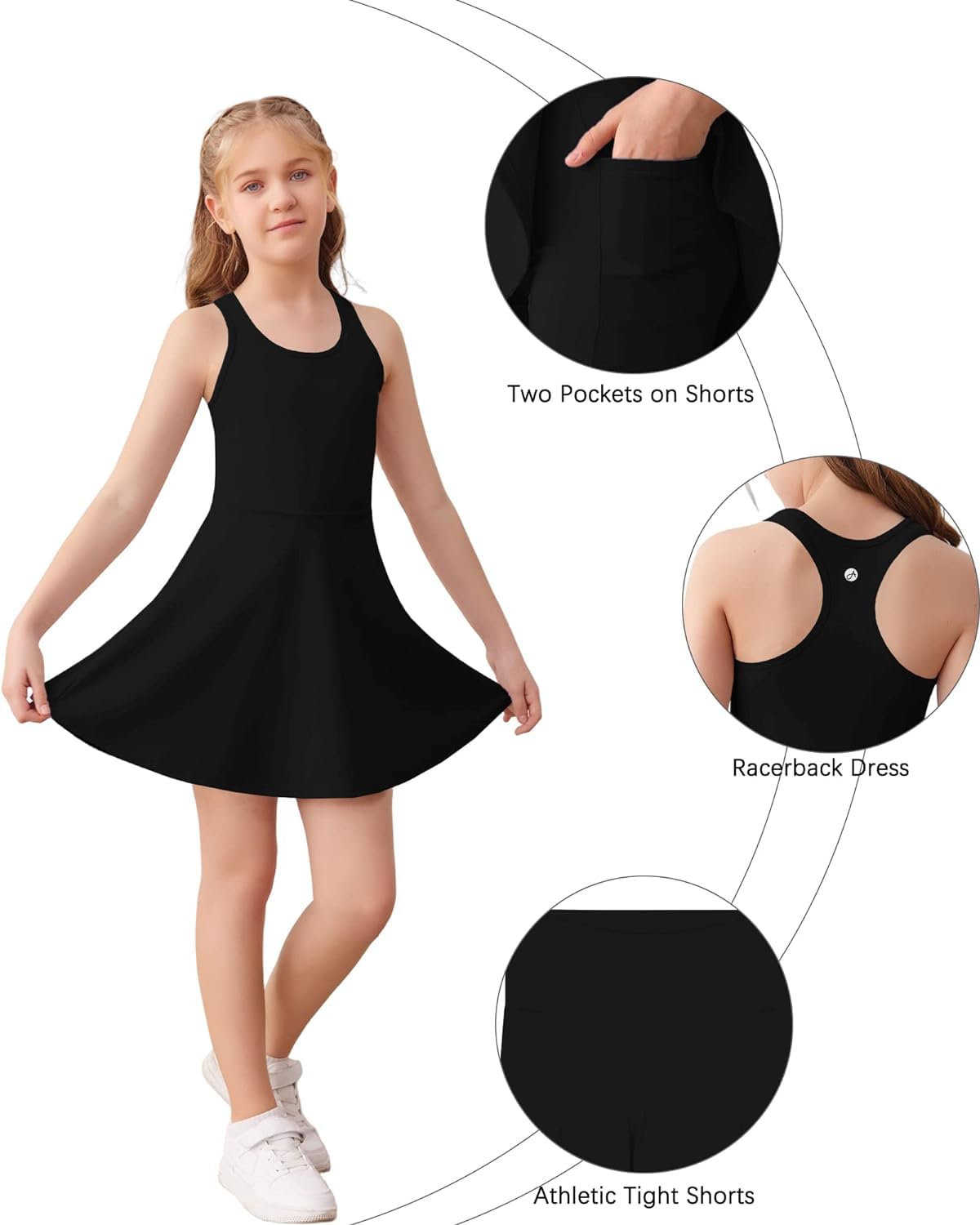 Haloumoning Vestido de tenis para niña, vestido de golf, sin mangas, espalda cruzada, ropa para niños, vestido deportivo con pantalones cortos y bolsillos