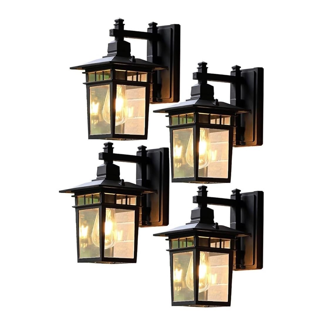 Wejścia Lampa Zewnętrzna Kwadratowa Czarna Zewnętrzna Lampa Ścienna Wodoodporna Szklana Latarnia Vintage Kinkiet Ścienny Aluminiowa Do Ogrodu Oświetlenie Ogrodu(4 Pack)