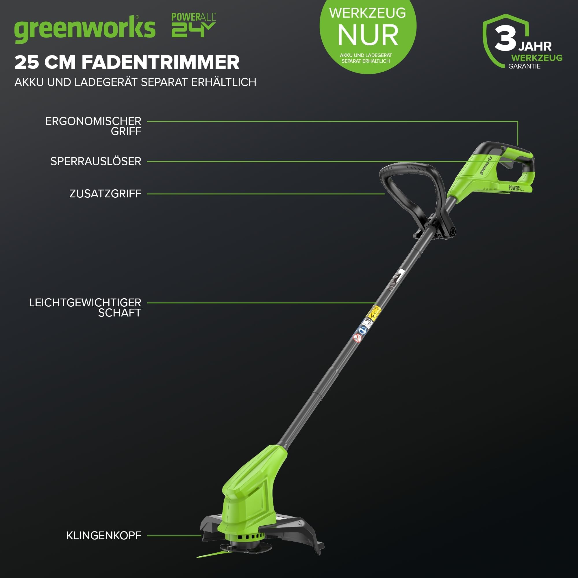 Greenworks 24V Akku Rasentrimmer für kleine bis mittlere Gärten, 25 cm Schnittbreite, inkl. 20 Kunststoffklingen ohne Akku & Ladegerät, 3 Jahre Produkt Garantie, Grün