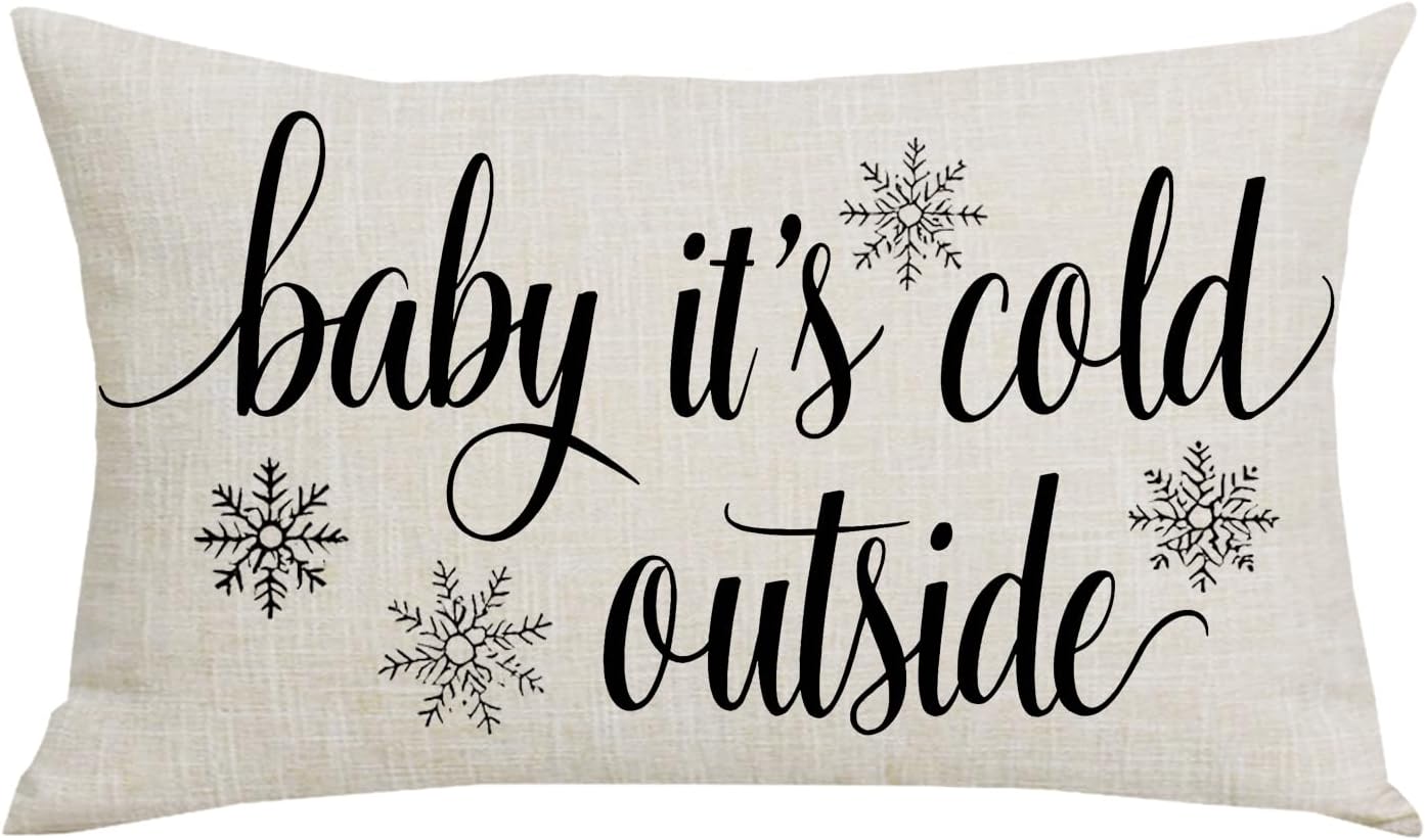 Black Word Art Baby It’s Cold Outside Snowflakes Winter Home Sofa Chair Bed Decoration Lumbar Pillowcase Cotton Linen Decorative Throw Pillow Cover Case Rectangular 12 x 20 Inches