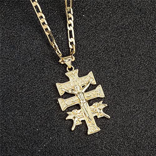 kelistom 14K Gold Silver Tone Stainless Steel Catholic Caravaca Crucifix Cross Charm Pendant with Cherub Angel Necklace for Women Men 3mm Flat Figaro Chain Necklace4