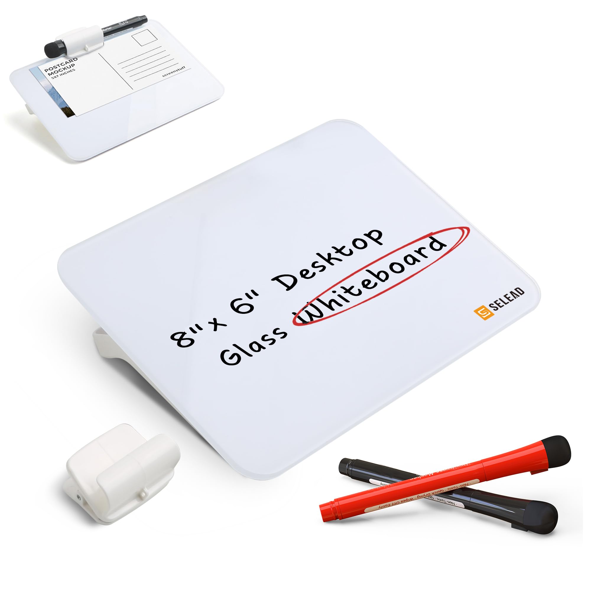 SELEAD Small Dry Erase White Board - 8"x6" Desktop Glass Clipboard with Pen Holder, Memo Note Whiteboard for Home Office School, Reusable Tabletop Notebook Writing Teaching Pad