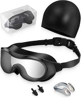 Adult Swimming Goggles with Nose Clip, Ear Plugs & Swim Cap | Anti-Fog UV Protection Lens | Leakproof for Men Women