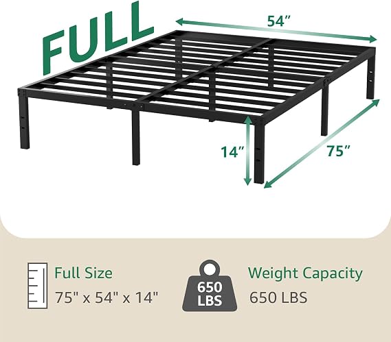 Metal Full Bed Frame - 14 H Platform Full Size Metal Bed Frame Double Bed Frames, Small Package Black