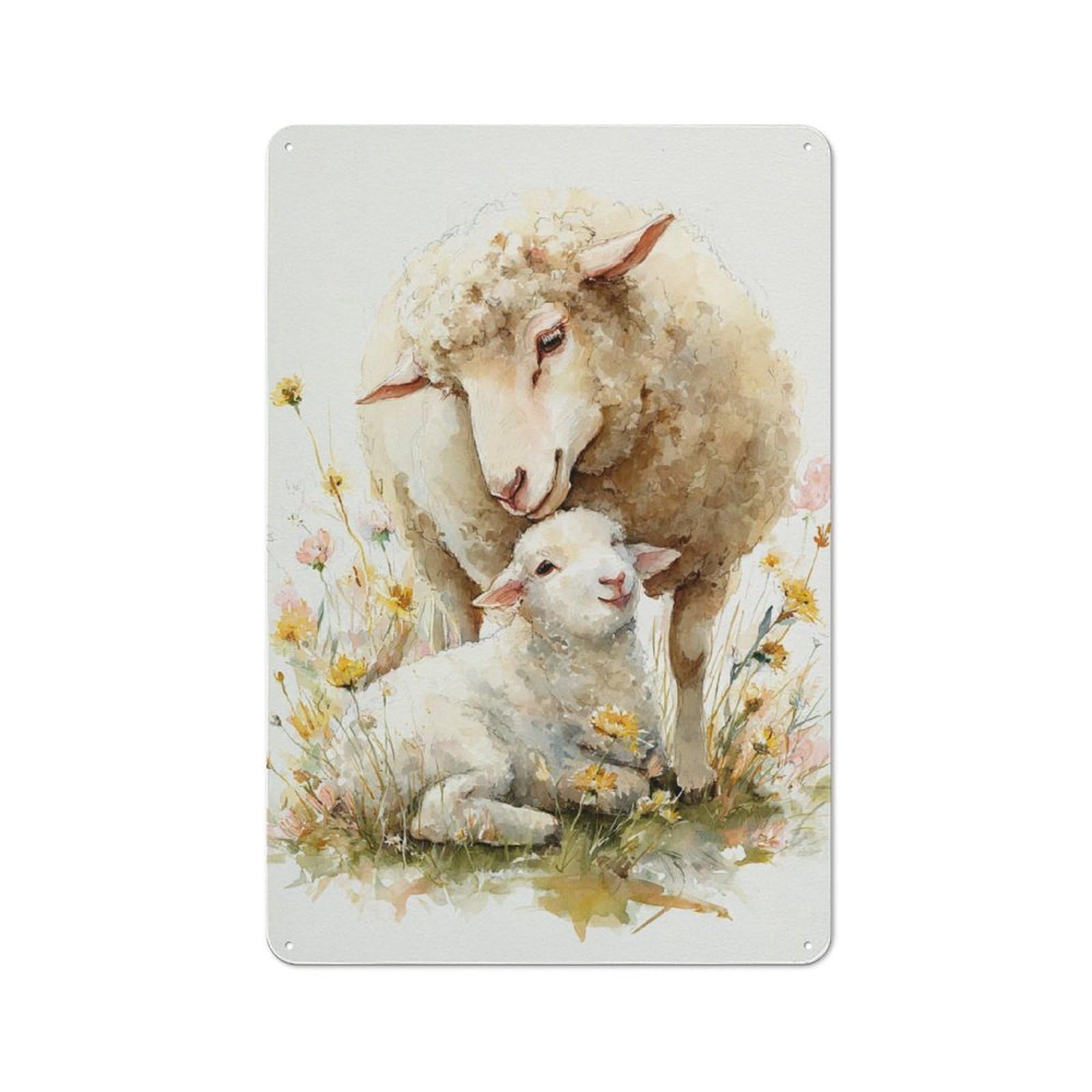 Junmoney Sheep And Lamb In Flowers Retro Metal Sign With Design 30X20cm, Weathered Look Shed Wall Plaque For Garage, Workshop, Shed Or Utility Room
