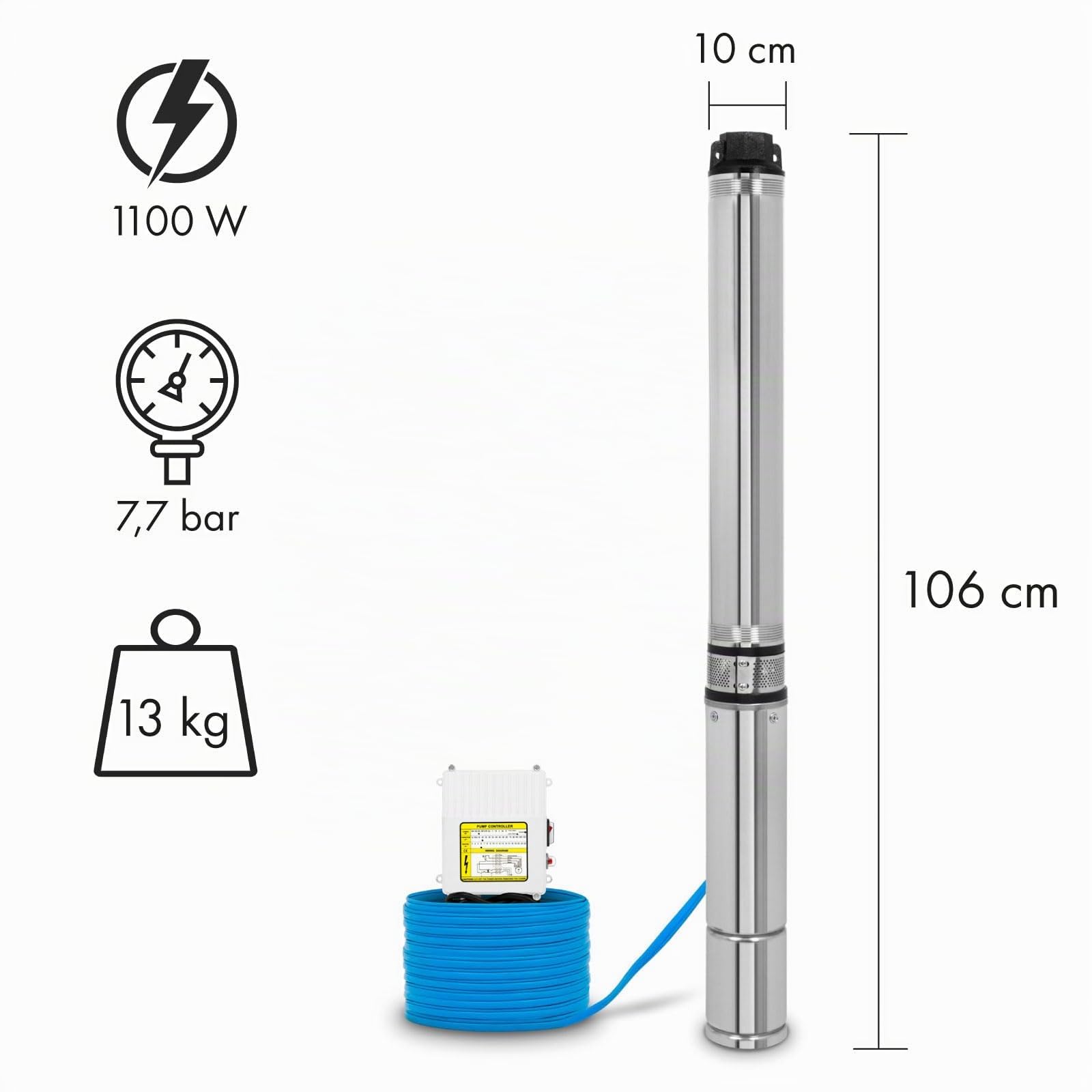 EBERTH Pompa Sommersa per Pozzi Profondi 4" in Acciaio Inossidabile - 1100W, Diametro 10cm, Cavo 20m, Prevalenza Max. 74m, Con Filtro