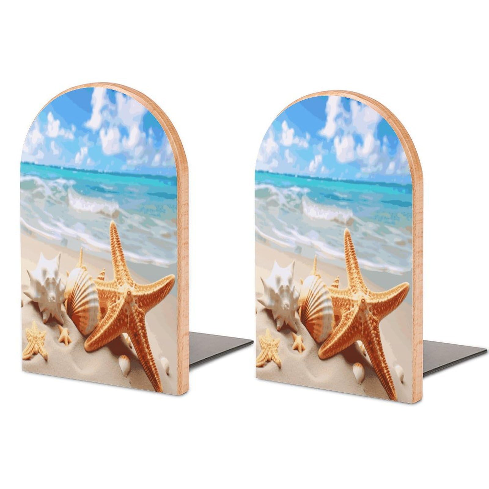 Starfish Seashell Ocean Beach Bookends 1 Pair Heavy Duty Book Ends for Shelves Non-Skid Bookend Supports Wooden Book Holders with Metal Base Desk Organizers Books Storage to Hold Books
