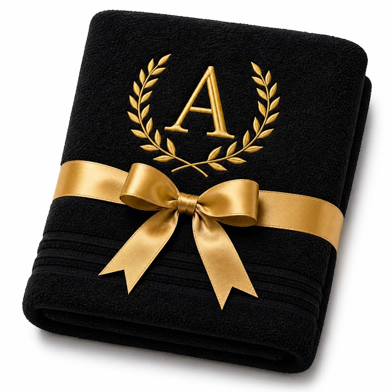 Men & Women Initial Bath Towel (30x60 Inches) | 100% Cotton Premium Towel with Large Monogram Letter (A–Z) & Leaf Embroidery | Soft, Highly Absorbent | Personalized Gift & Daily Use - (Black, A)-image-12