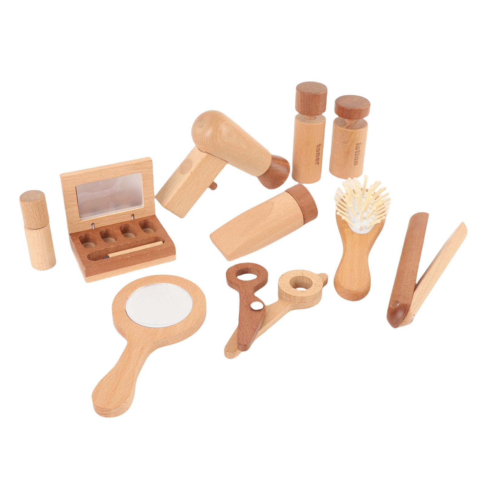 Juego de 11 juguetes de maquillaje de madera para juegos de rol creativos, bonito salón de belleza, con secador de pelo, espejo y accesorios para niñas