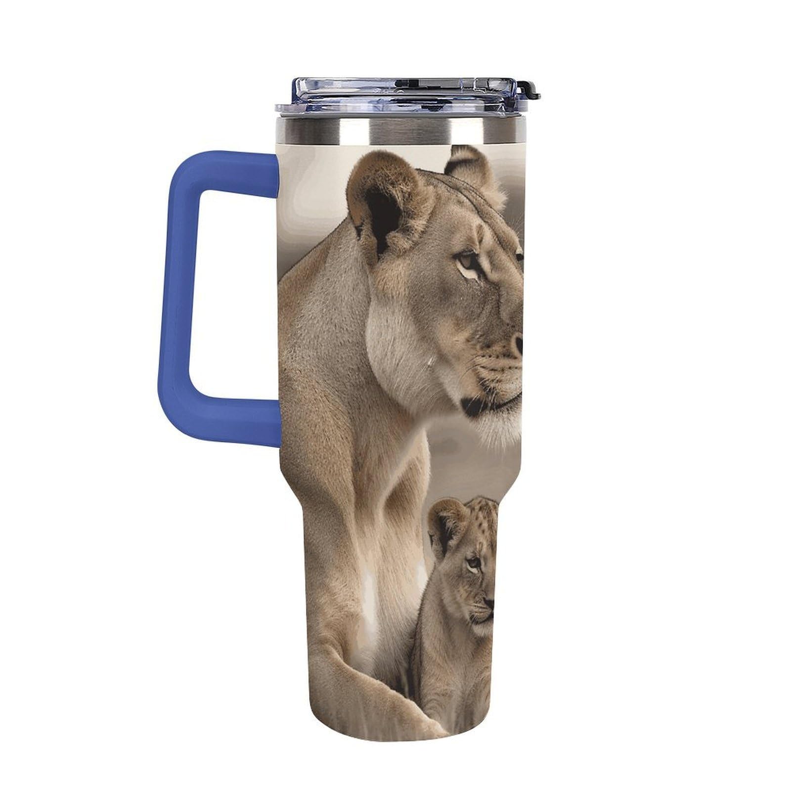 Autobecher aus 304 Edelstahl, Löwin mit Cub Tumbler mit Strohhalm und auslaufsicherem Deckel, großes Fassungsvermögen, vakuumisolierter Reisebecher für Auto-Becherhalter, 1,2 l