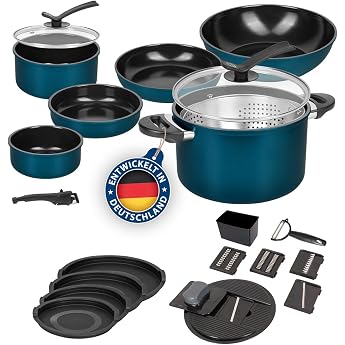 Kelton Pan Set 3 in 1 with Lid and Vegetable Cutter 27 Pieces, Cookware with Pans and Cooking Pots with Non-Stick Coating, PF